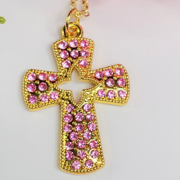 Pink Pave Crystal Cross Necklace - Picture 11 of 14